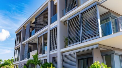urban apartment building with sleek, metallic Bahama shutters, adding a modern touch and enhancing privacy for residents