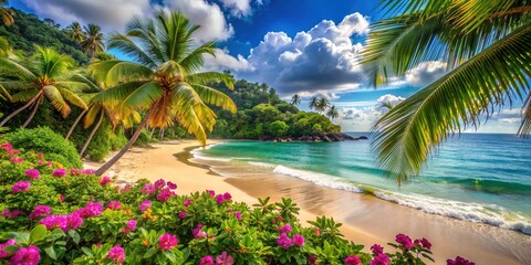 Fototapeta premium Warm sandy beach with turquoise ocean waves gently lapping at the shore, surrounded by lush green palm trees and vibrant summer flowers.