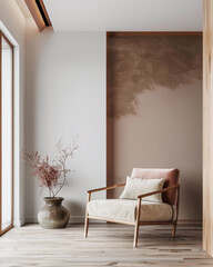 Minimalist living room interiors in peach colors with minimal furniture and a window filling the room with natural lighting. Modern Real Estate advertising composition.