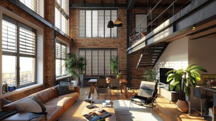 urban loft conversion with industrial Bahama shutters, adding character and practicality to the modern living space