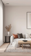 Minimalist living room interiors in peach colors with minimal furniture and a window filling the room with natural lighting. Modern Real Estate advertising composition.