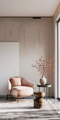 Minimalist living room interiors in peach colors with minimal furniture and a window filling the room with natural lighting. Modern Real Estate advertising composition.