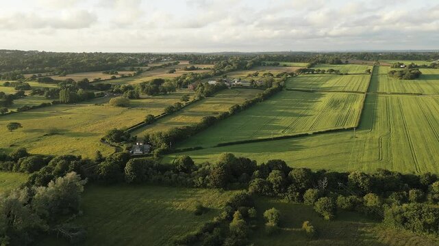 Aerial view of English fields and countryside, Parkgate, Wirral, England