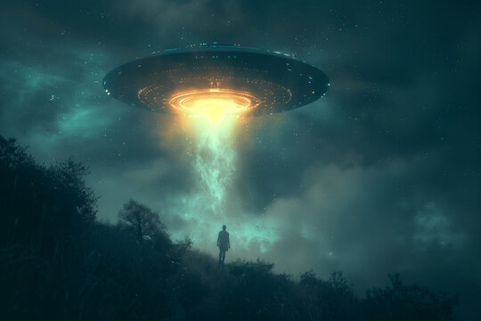 A silhouette person facing a colossal UFO