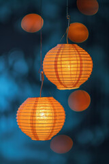 Fototapeta premium chinese traditional, handcrafted paper lanterns dangling, soft glow, twilight background, festival poster background