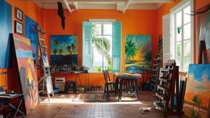 Fototapeta premium rt studio with creative Bahama shutters, incorporating vibrant artwork into the functional elements