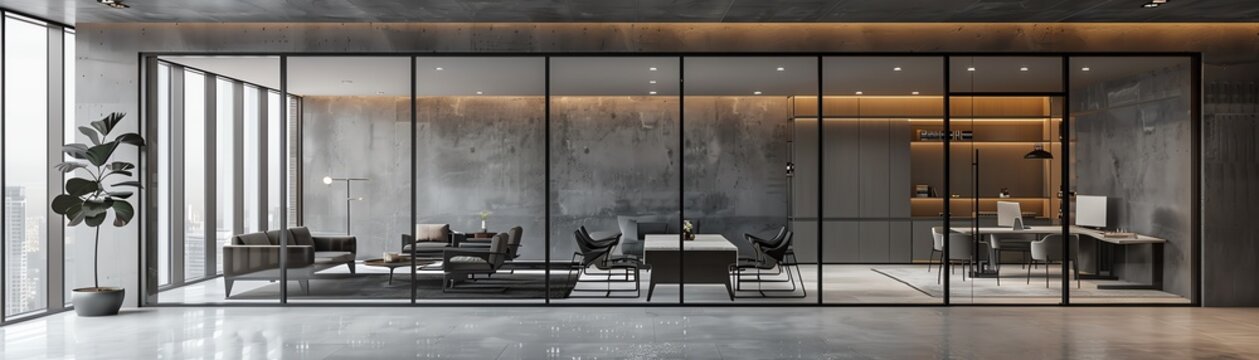 Fusion Brutalist modern corporate interior design with raw concrete walls and sleek glass partitions