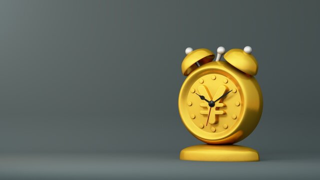 Time is money concept. Alarm clock with Japanese yen face. 3D illustration render.
