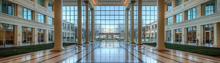 Fusion Neoclassical modern corporate interior design with grand columns and sleek glass walls