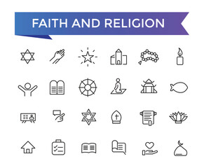 Faith And Religion Line Icons set with editable stroke collection for web and ui. Line icons pack. Vector illustration.