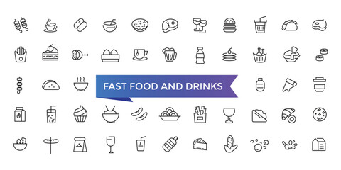 Fast Food And Drinks Line Icons set with editable stroke collection for web and ui. Line icons pack. Vector illustration.