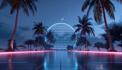 Obraz premium A neon sign with a circle in the middle and palm trees in the background