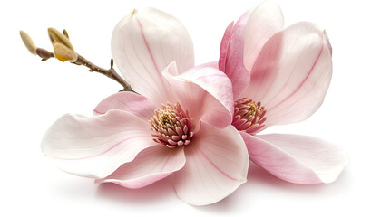 Pink magnolia flower isolated on white background with full depth of field