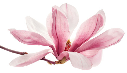 Pink magnolia flower isolated on white background with full depth of field