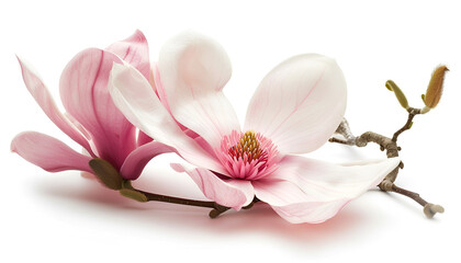 Pink magnolia flower isolated on white background with full depth of field