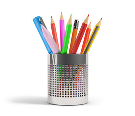 Colored pencils and pens in a pencil holder silver isolated from the white or transparent background