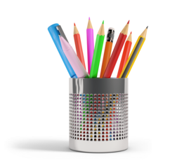Colored pencils and pens in a pencil holder silver isolated from the white or transparent background