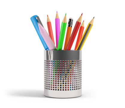 Colored pencils and pens in a pencil holder silver isolated from the white or transparent background