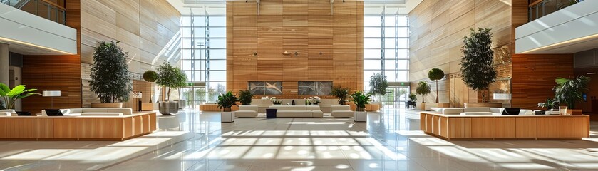 Modern corporate lobby with Romanesque vaulted ceilings and contemporary lighting