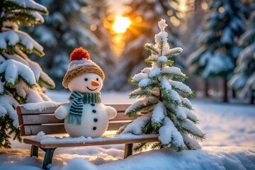 Obraz premium Adorable miniature snowman with carrot nose and coal eyes stands alone on a snow-covered wooden bench surrounded by evergreen trees in a winter wonderland scene.