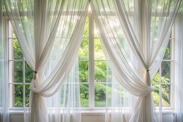 Delicate white curtains flow softly, filtering natural light, creating a serene ambiance, perfect for backgrounds, graphic designs, and wallpapers that exude simplicity and sophistication.