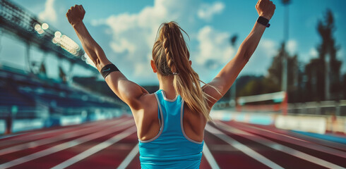 Triumph and Victory - Rear View of Woman Athlete Celebrating at Race Finish Line