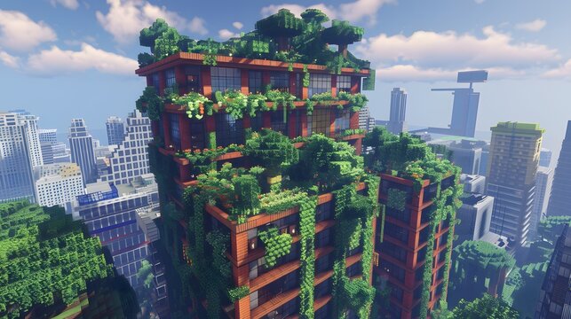 Minecraft Cityscape with Lush Greenery