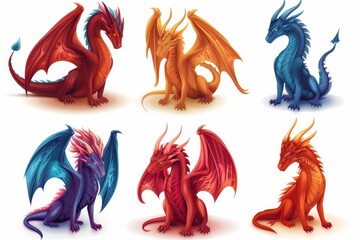 Naklejka premium Dragons icon set, dino symbols, 3d realistic dinosaurs isolated, monster animals