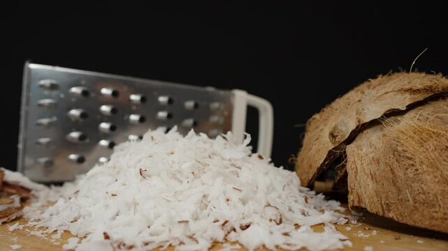 Still life on a wooden table with grated coconut pulp and shell remnants. Metal grater in the background.