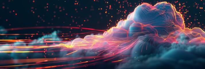 Obraz premium Cloud Computing, an abstract design with dynamic light trails and digital clouds, symbolizing cloud environments