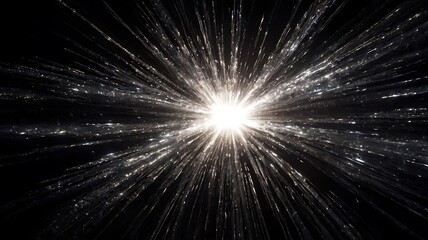 Obraz premium Bright explosion of silver and white lights with dark black background, abstract background wallpaper design