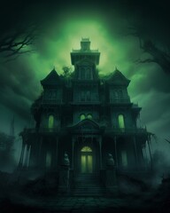Fototapeta premium Haunted mansion with an eerie green glow, perfect for Halloween-themed imagery and spooky, mysterious scenes.