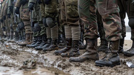 Military personnel lined up in mud with focus on boots and uniforms