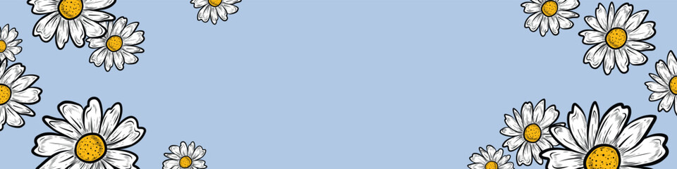 Vector Hand Drawn Daisy Flowers Creative Frame Template Vintage Engraving Camomile Flowers Hand drawn design template Creative Design for Print Cards, Layout, flyer, Banners Web or Social Media. 