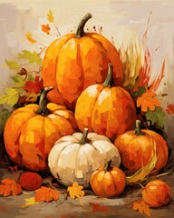 A vibrant autumn scene with pumpkins of various sizes surrounded by colorful leaves, capturing the essence of fall harvest.