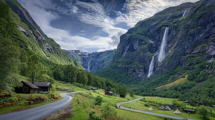 An awe-inspiring mountainous landscape with lush green valleys, a powerful waterfall, and a winding road flanked by charming huts and idyllic campsites.