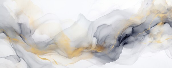 Fototapeta premium Abstract smoky fluid art with soft gray and gold hues blending seamlessly on a white background, creating a serene and elegant composition.