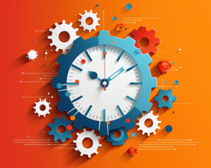 Abstract illustration of a clock with gears and cogs on an orange background, symbolizing the concept of time and mechanics.
