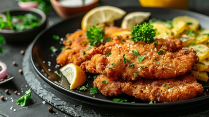 Classic Wiener Schnitzel : Traditional Wiener Schnitzel with a lemon wedge, parsley garnish.