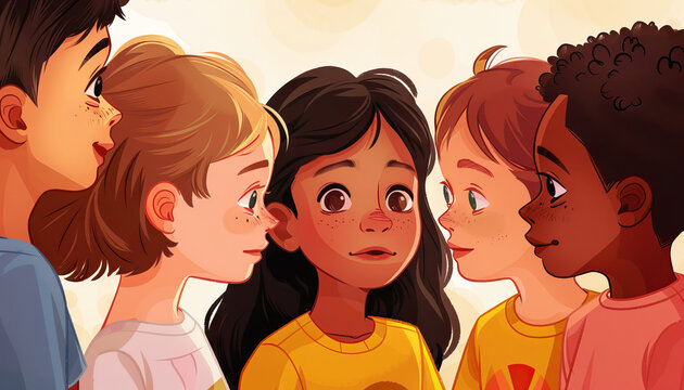 Gen Alpha are the empathetic communicators, expressing themselves with compassion and understanding: Illustrate a group of Gen Alpha children listening and sharing with empathy