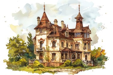 A watercolor illustration of a large, Victorian-era mansion with detailed architecture. Children's Book Illustration