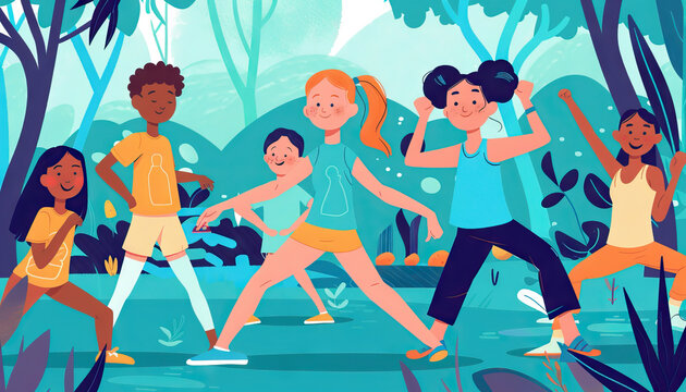 Gen Alpha are the health-conscious individuals, prioritizing physical and mental well-being: Depict a group of Gen Alpha children engaging in activities that promote health and wellness