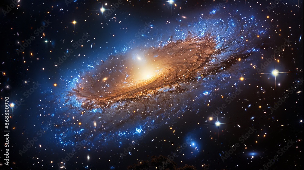 Sticker deep space image featuring a spiral galaxy with a glowing core and extensive star fields generative 