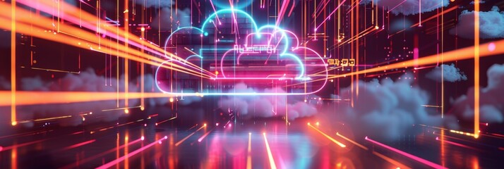 Obraz premium Cloud Computing, an abstract geometric pattern with neon lights and flowing lines, illustrating data storage and access