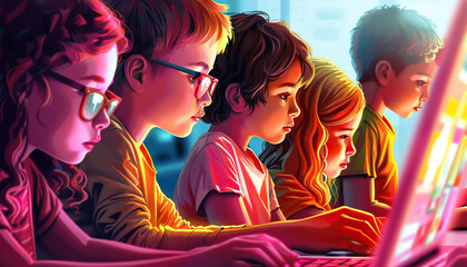 Gen Alpha are the tech-savvy innovators, using technology to solve problems and drive progress: Picture a group of Gen Alpha children using digital tools to create and innovate, symbolizing their prof