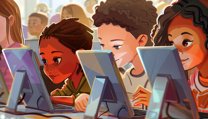 Gen Alpha are the tech-savvy innovators, using technology to solve problems and drive progress: Picture a group of Gen Alpha children using digital tools to create and innovate, symbolizing their prof