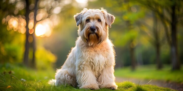 Adorable Irish Soft Coated Wheaten Terrier with silky white and warm brown fur, resembling soft wool, sits alone on a natural outdoor setting.