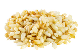 A pile of roasted white sesame seeds isolated on white background