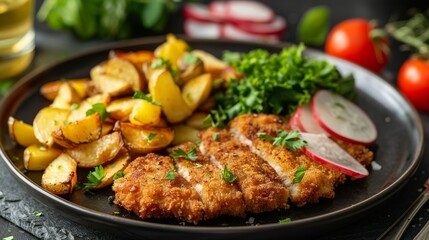 Fototapeta premium Wiener Schnitzel : A close-up shot of a perfectly breaded and crispy Wiener Schnitzel.