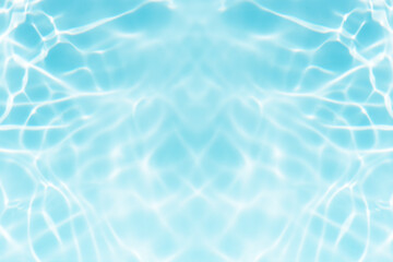 Obraz premium Blue water with ripples on the surface. Defocus blurred transparent blue colored clear calm water surface texture with splashes and bubbles. Water waves with shining pattern texture background.